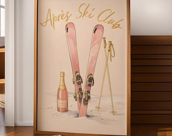 Après Ski Club Print, Pink Skis, Champagne, Winter Wall Art (Digital Download)