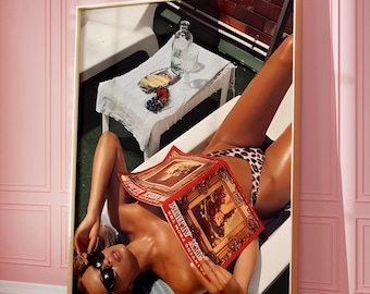 Vintage vrouw zonnebadend print: retro strandmodeposter (digitale download)