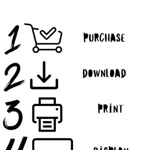K&ouml;nnte beinhalten: Eine Schwarzwei&szlig;illustration, die die Schritte zum Herunterladen eines digitalen Produkts zeigt. Die Schritte sind: 1. Kaufen, 2. Herunterladen, 3. Drucken, 4. Anzeigen. Der Text "NUNUDIGITALSHOP" befindet sich am unteren Rand des Bildes.