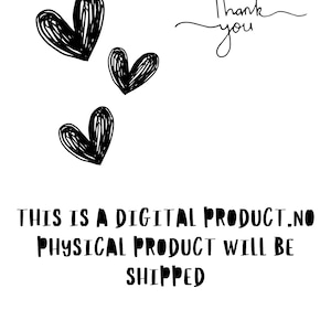 K&ouml;nnte beinhalten: Schwarzwei&szlig;es Bild mit drei handgezeichneten Herzen und dem Text "Danke". Unter den Herzen steht der Text "Dies ist ein digitales Produkt. Es wird kein physisches Produkt versandt." und der Text "Nunu Digitalshop".