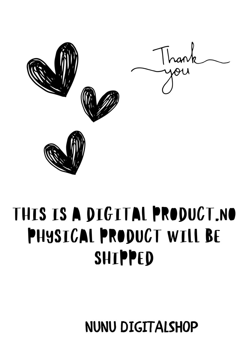 K&ouml;nnte beinhalten: Schwarzwei&szlig;es Bild mit drei handgezeichneten Herzen und dem Text "Danke". Unter den Herzen steht der Text "Dies ist ein digitales Produkt. Es wird kein physisches Produkt versandt." und der Text "Nunu Digitalshop".