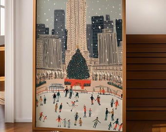 May include: A framed print depicting a winter scene in a city. The artwork shows a Christmas tree, an ice skating rink, and skyscrapers. People are ice skating in the foreground. The frame is made of wood.