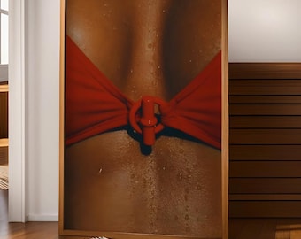 May include: A framed print featuring a close-up of a red bikini top tied at the center. The image highlights the texture of the fabric and the skin, with visible water droplets. The artwork is displayed in a wooden frame.