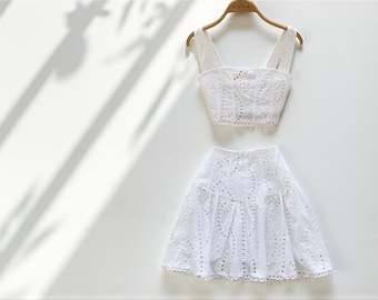 Embroidered Cotton Two-Piece Set: Boho Crop Top & Midi Skirt