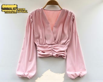 Pleated V-Neck Blouse: Slim Waist Long Sleeve Top