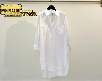 Cotton Long Blouse: Loose Fit Button-Down Shirt With Pockets