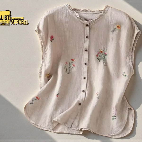 Haftowana lniana bluzka bez rękawów | Letnia bluzka damska