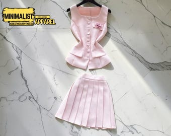 Floral Two Piece Outfit | Sleeveless Button Top, Pleated Slim Skirt Set