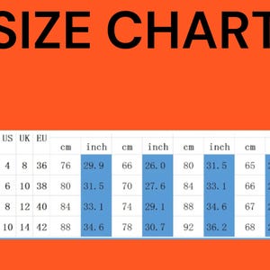 May include: A size chart with measurements in inches and centimeters. The chart includes sizes S, M, L, and XL, with corresponding measurements for waist and hips. The text "SIZE CHART" is at the top.