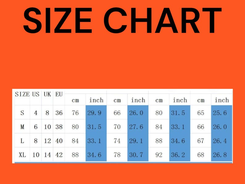 May include: A size chart with measurements in inches and centimeters. The chart includes sizes S, M, L, and XL, with corresponding measurements for waist and hips. The text "SIZE CHART" is at the top.