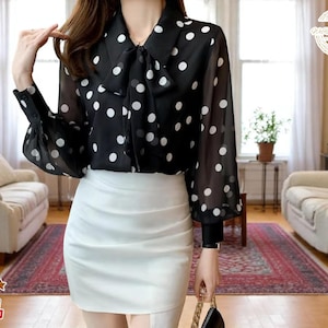 Polka Dot Printed Blouse | Long Sleeve Bow Shirt | Lightweight Spring Summer Top | Turn Down Collar | Button-Up Chiffon for Women