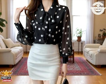 Polka Dot Chiffon Blouse: Long Sleeve Bow Shirt, Spring Summer Top