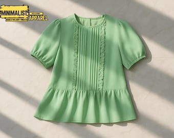 Summer Office Blouse | Pleated Workwear Top | Elegant Short Sleeve | O Neck Shirt | Chic Women's Apparel | Polished Daily Wear