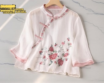 Style Summer Cotton | Linen Embroidery Slant | Collar Button-Up Shirt | Relaxed Sleeve Lightweight | Daily Casual Wear