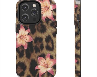 May include: A phone case with a leopard print background and pink flowers. The case is designed for a phone with a triple camera lens.