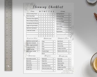May include: A printable cleaning checklist with a marble background. The checklist includes daily and weekly tasks for different areas of a salon, including the reception area, bathroom, shampoo area, stations, dryers, and breakroom.