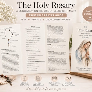 Könnte beinhalten: Ein druckbarer Gebetsführer mit dem Titel The Holy Rosary, der eine Meditation über das Leben Jesu mit Maria enthält. Das Dokument umfasst ein Rosenkranz-Diagramm, Mysterienlisten und Gebete. Erhältlich als digitaler Download im A4-Format, 210 mm mal 297 mm, mit hochauflösenden PDF-Dateien für unbegrenzten persönlichen Druck.
