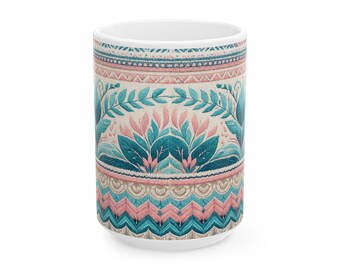 Boho Floral Ceramic Coffee Mug, Artistic Home Decor