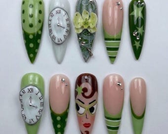 Ongles personnalisés éclectiques vintage faits main - Faux ongles visage rétro Pop Art peints à la main - Motif dentelle orchidée 3D