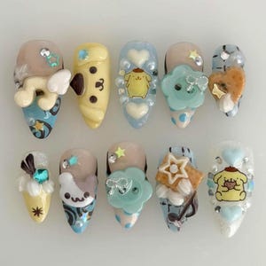 Handmade 3D Pompompurin Press On Nails, Kawaii Decoden Fake Nails, Pastel Blue Yellow Cute Dog Cookie Almond Mani