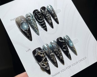 Handmade Black Chrome Press On Nails | Blue Cat Eye with 3D Spiral and Star Charms | Stiletto Nails for Cosmic Goth Aesthetic