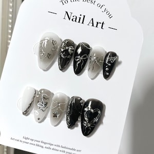 Handmade Gothic Ribbon Press On Nails | 3D Silver Chains, Stars, Hearts & Bows On Black White Ombre Base | Almond Nails For Dark Aesthetic
