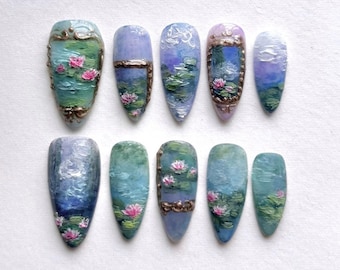 Handgemachte Seerose Kunst Drücken Sie auf die Nägel | Monet See Gemälde Textur & rosa Lotus Details | Almond Nägel für künstlerische verträumte Vibes