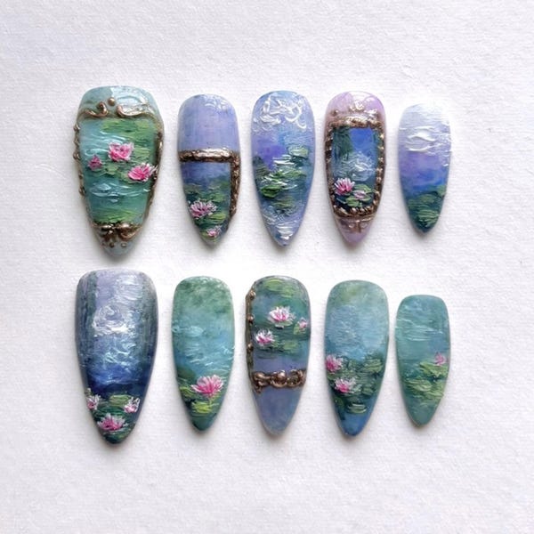 Handmade Water Lily Art Press On Nails | Monet Lake Painting Texture & Pink Lotus Details | Almond Nails For Artistic Dreamy Vibes