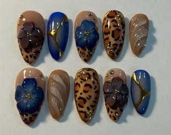 Handmade Leopard Floral Press On Nails | Blue & Brown Tones with Gold Lines and 3D Flowers | Almond Nails For Chic Vibes