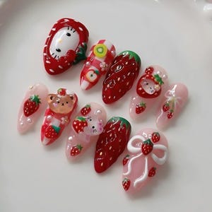 Kawaii Press On Nails – 3D Strawberry Theme with Bows, Bears & Cute Charms