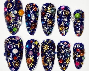 Handmade Cosmic Galaxy Press On Nails | 3D Stars, Planets, Moons & Glittery Navy Sky Art | Long Almond Nails for Astrological Aesthetic