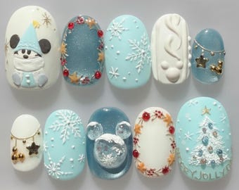 Handmade Winter Disney Press On Nails | Mickey Snowflakes & Christmas Tree Art | Short Round Nails For Cozy Holiday Vibes