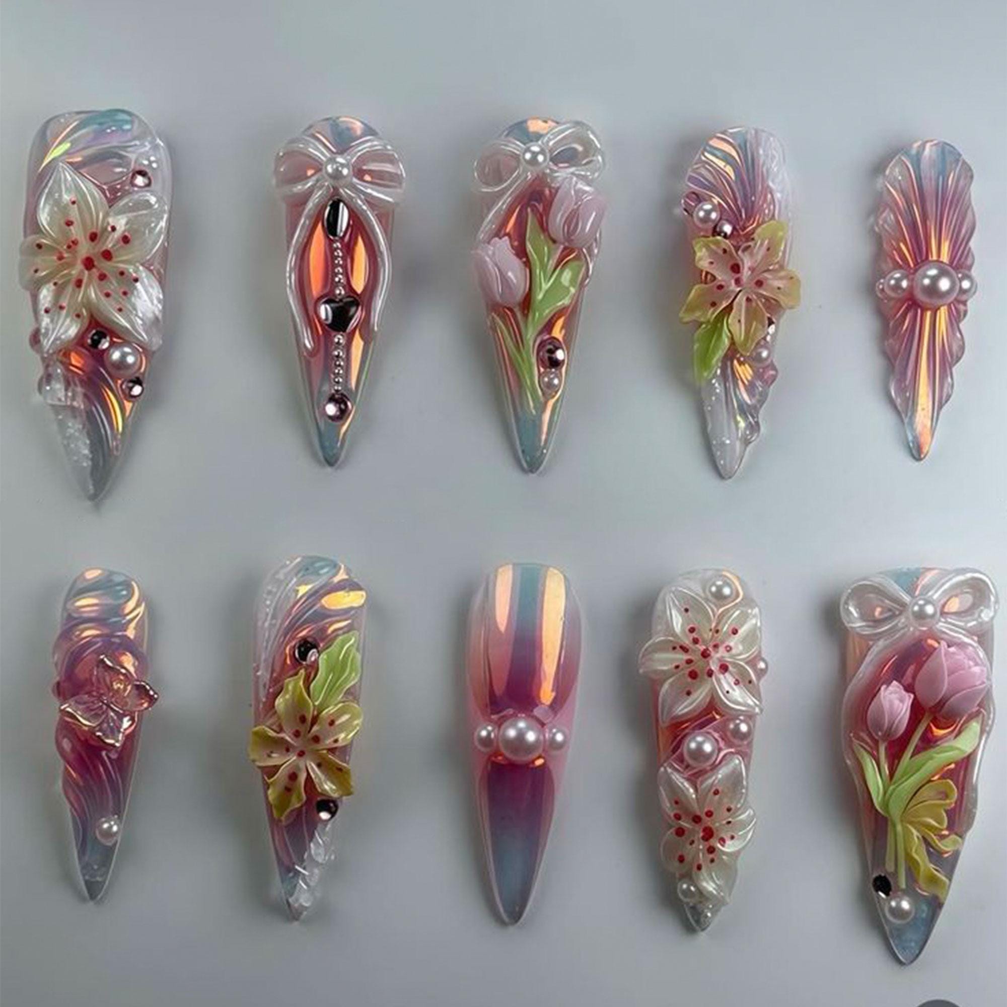 Handmade 3D Tulip & Lily Press On Nails | Iridescent Chrome Floral Nail Art with Pearls | Long Stiletto Nails for Spring Party or Gift