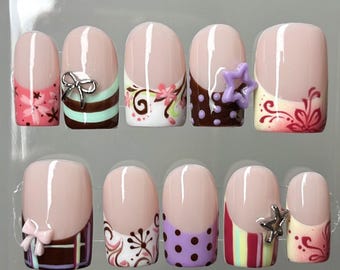 Handmade Retro Candy Press On Nails | Bows, Stars, Polka Dots & Floral Swirls | Short Square Nails For Cute Y2K Vibes