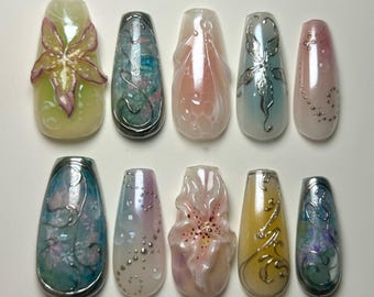 Impressionist Monet Garden Press on Nails - 3D Lily Flower & Silver Chrome False Nails - Romantic Nuance Oil Painting Nail Art