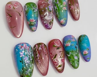 Handgemachte Seerose Gartenpresse auf den Nägeln | Von Schwan, Rosen & Monet inspirierte Kunst | Almond Nägel für verträumte romantische Vibes