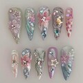 Handmade Ethereal Fairy-core Press On Nails | 3D Sculpted Flower Butterfly Nail Art | Dreamy Aura Pink & Silver Nails product logo
