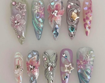 Handmade Ethereal Fairy-core Press On Nails | 3D Sculpted Flower Butterfly Nail Art | Dreamy Aura Pink & Silver Nails