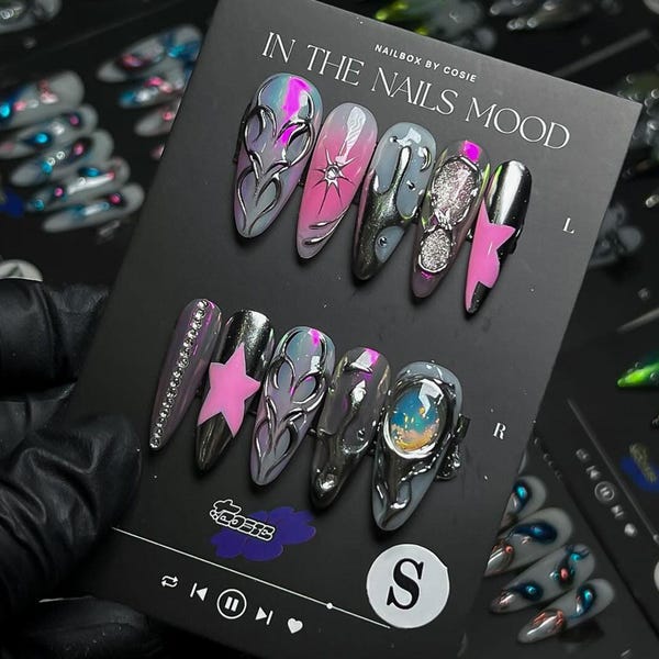 Handmade Alien Galaxy Press On Nails | Chrome Silver 3D Design with Stars & Planet Accents | Long Stiletto Space Theme Nails