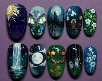 Handmade Enchanted Night Press On Nails | 3D Flowers, Moonlit Forest, Owls, Waterfall & Ghost Accents | Almond Nails For Magical Fairycore