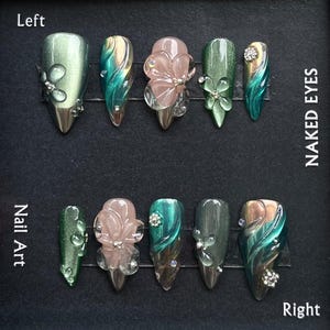 Handmade Emerald Forest Press On Nails | Green Cat Eye with 3D Floral Art | Glossy Almond Nails with Crystals for Elegant Look