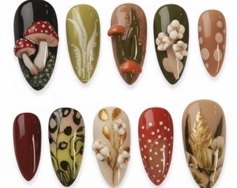 Handmade Forest Mushroom Press On Nails | 3D Red Mushrooms, Gold Leaf, Wildflowers & Polka Dot Accents | Almond Nails For Autumn Cottagecore