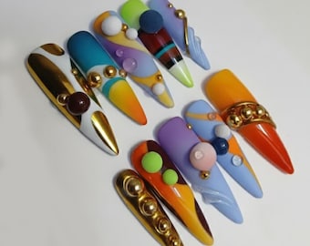 Handmade Retro Pop Press On Nails | Neon Gradient Colors with 3D Dots & Gold Metal Accents | Stiletto Nails For Funky Y2K Vibes