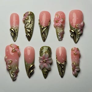 Handmade 3D Pink Floral Press On Nails, Gold Chrome Vine Fake Nails, Olive Green Ombre Custom Gel, Fairycore