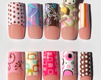 Handmade Retro Kawaii Press On Nails | 70s Patterns, Polka Dots, Swirls & 3D Monkey Charm | Long Square Nails For Playful Vibes