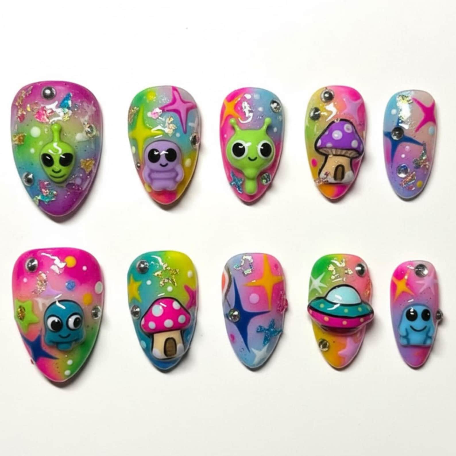 Handmade Kawaii Alien Press on Nails | Ufos, Mushrooms, Stars, Galaxy ...