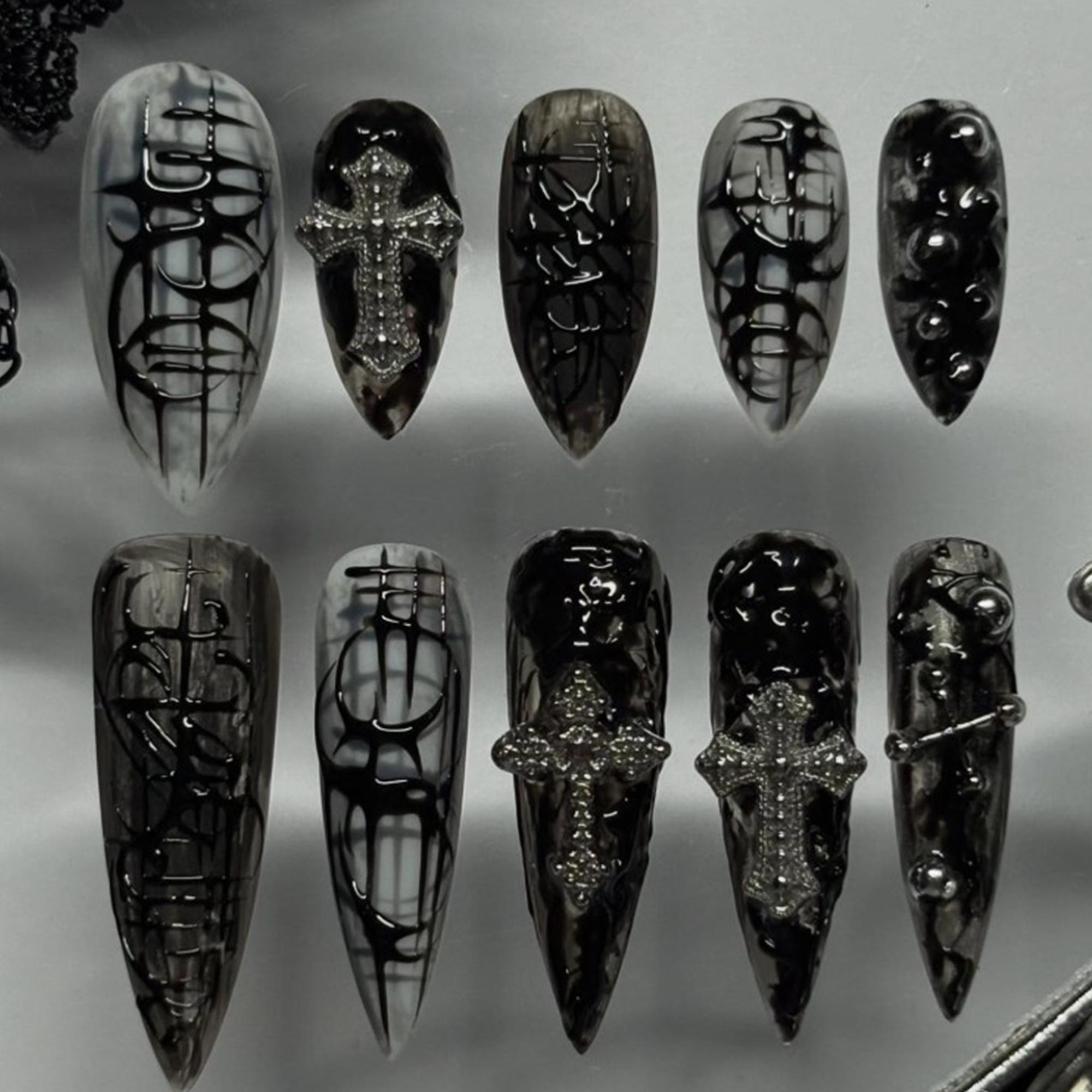 Handmade Gothic Cross Press on Nails | 3D Silver Crosses, Web Lines ...