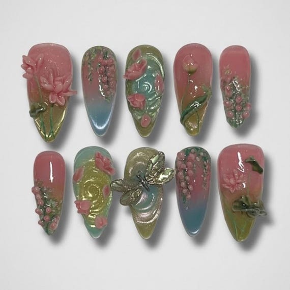 Handmade Fairycore 3D Press On Nails, Ethereal Lotus and Dragonfly Nail Art, Pastel Floral Glue On Nails, Oriental Spring Summer Fake Nails