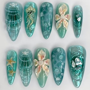 Handmade Ocean Jellyfish Press On Nails | 3D Coral Flowers, Starfish & Bubbles in Aqua Marble | Long Nails For Mermaidcore Summer Vibe
