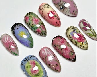 Handmade Vintage Art Press On Nails – Hand Painted Cat, Florals & Starry Sky Motifs